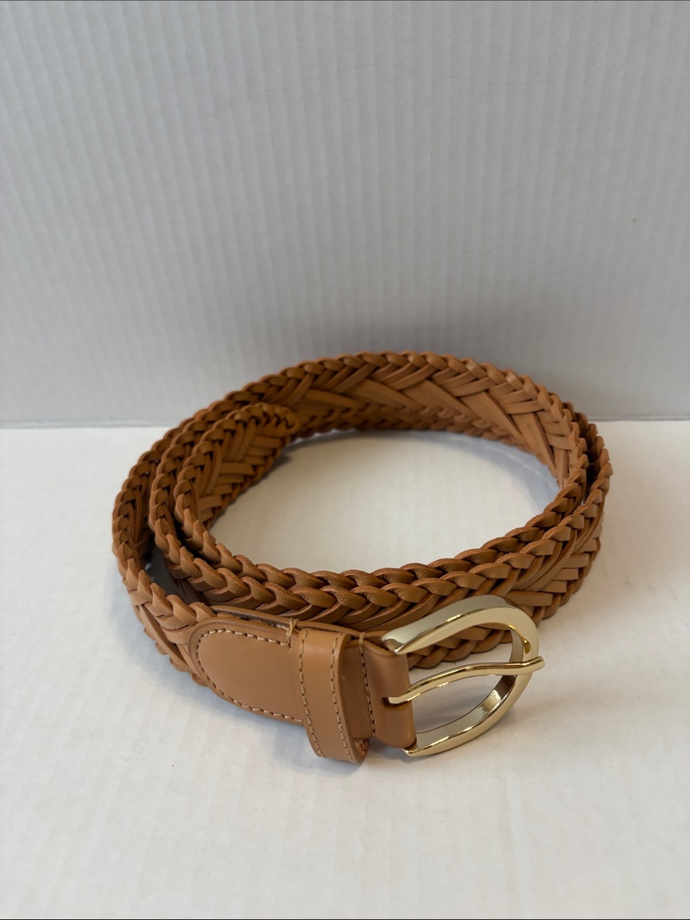 J. Crew Women's Braided Tan Leather Belt with Gold Buckle M/L Like New